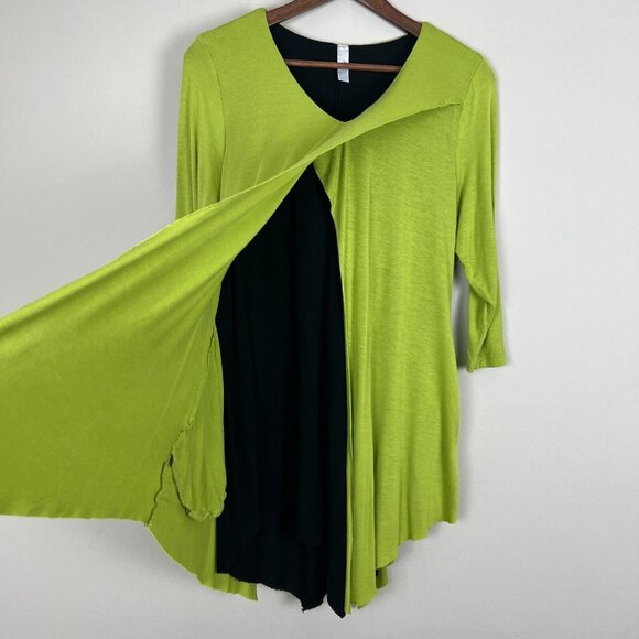 Aria Handmade Norma Tunic Top Womens Large Green Black Layered 3/4 Sleeve V-Neck - Picture 4 of 10